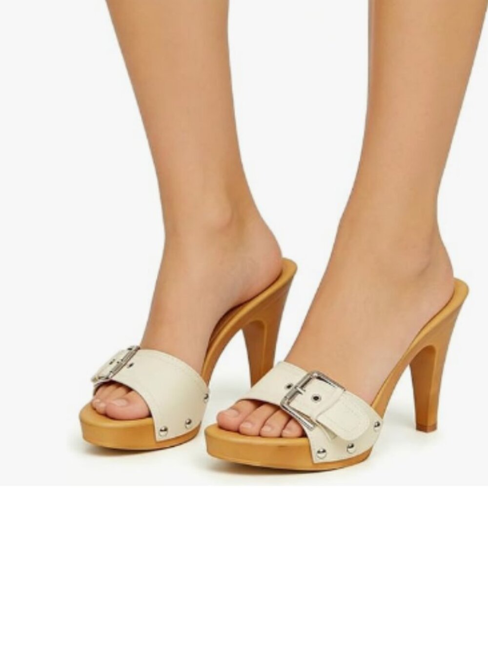 XYD White Open Toe Cone High Heel Studded Strap Buckle Slip On Slide Mules